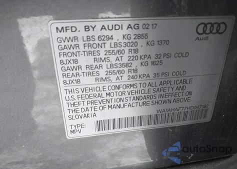 2017 Audi Q7 2.0T Premium from USA, damaged, VIN WA1AHAF77HD047192